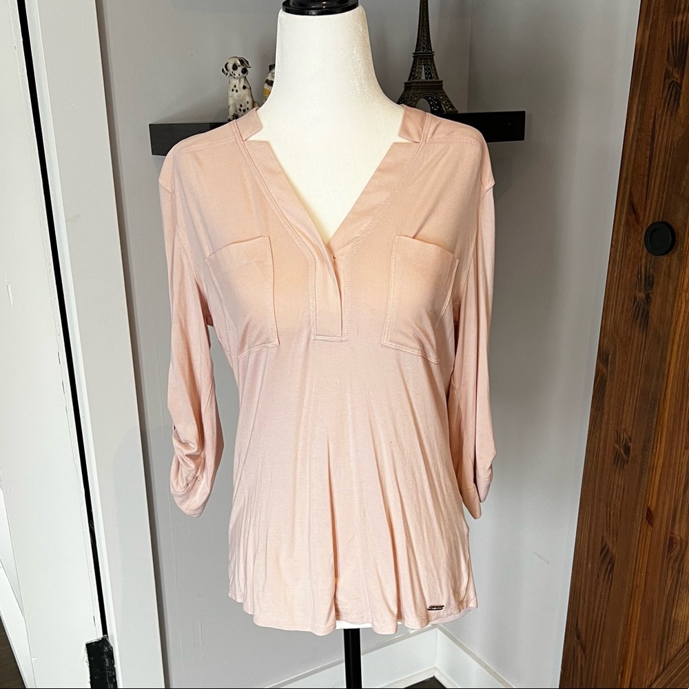 Calvin Klein Pale Pink Notch V-Neck Pocket Long Sleeve Top